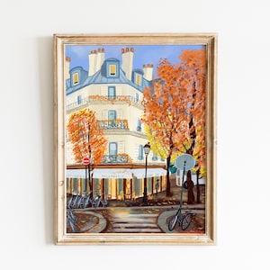 Póster de arte de escena de otoño parisino / Arte mural colorido y vibrante de otoño / Póster de arquitectura de París / Obra de arte de otoño