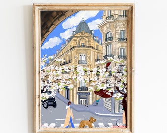 Gare de Lyon Paris cherry blossom poster|Paris architecture print|Walk with dog Paris wall art|Parisian buildings art