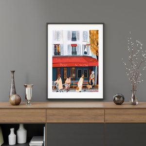May include: A framed illustration of a Parisian cafe with a red awning and people walking by. The cafe is called "Paris" and has a sign that says "Wine & Cheese".