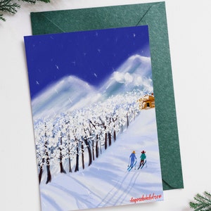 Cartão de Natal para impressão|Feliz Natal esquiadores| casal de esquiadores ano novo | cartão postal para impressão de ano novo | cartões postais para impressão | presente de esquiador
