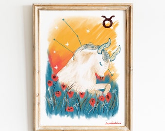 Impresión artística del signo zodiacal Tauro: Póster del horóscopo ilustrado