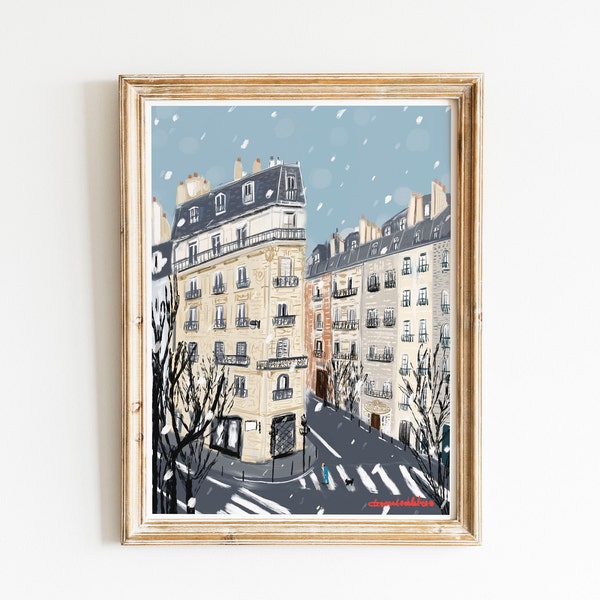 Paris Street Scene Winter illustration|Winter Poster Print|Paris in Winter Snow Poster|Paris Street Winter Artwork Print