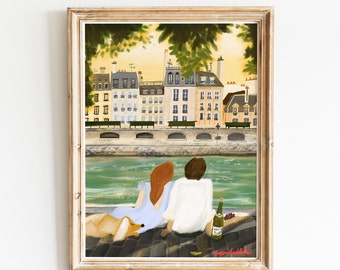 Art mural amoureux de Paris | Art mural Paris couple amoureux|Coucher de soleil sur Paris|Illustration d'amoureux français|Affiche La ville de l'amour|Cadeau de Paris