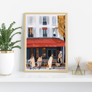 May include: A digital painting of a Parisian cafe with a red awning that says "Paris" and "Bar - Snacks et Plats".  There are people walking by the cafe, including a person riding a bicycle.