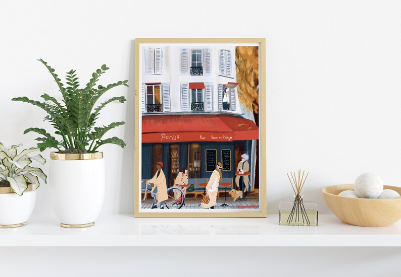 May include: A digital painting of a Parisian cafe with a red awning that says "Paris" and "Bar - Snacks et Plats".  There are people walking by the cafe, including a person riding a bicycle.