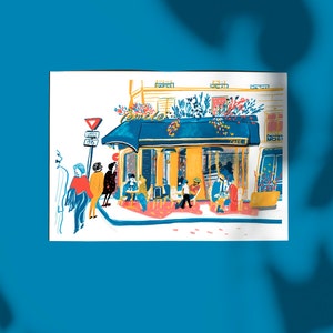 Puede incluir: Una ilustraci&oacute;n colorida de un caf&eacute; en Par&iacute;s, Francia. El caf&eacute; tiene un toldo azul con la palabra "Comedie" escrita en &eacute;l. Hay gente sentada afuera del caf&eacute;, disfrutando del caf&eacute; y la conversaci&oacute;n. La ilustraci&oacute;n est&aacute; hecha en un estilo suelto y expresivo.
