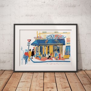 Puede incluir: Una ilustraci&oacute;n colorida de un caf&eacute; con un toldo azul y gente sentada afuera. El caf&eacute; est&aacute; rodeado de vegetaci&oacute;n y tiene un letrero que dice "Caf&eacute;".