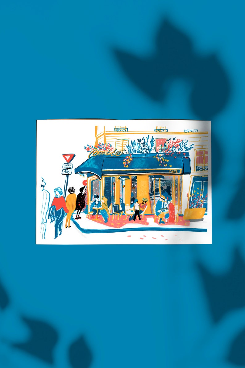 Puede incluir: Una ilustraci&oacute;n colorida de un caf&eacute; con un toldo azul y un letrero que dice "Caf&eacute;". Hay gente sentada afuera en mesas y algunas personas haciendo cola. El caf&eacute; est&aacute; rodeado de vegetaci&oacute;n y flores.