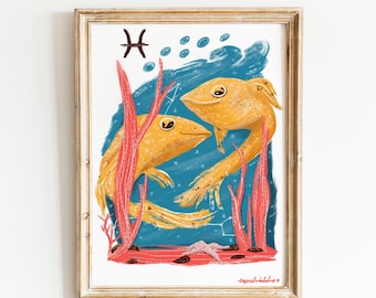 Pisces Zodiac Art Print: Illustrated Horoscope Poster