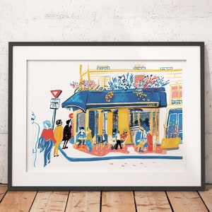 Puede incluir: Una ilustraci&oacute;n colorida de un caf&eacute; parisino con un toldo azul y paredes amarillas. El caf&eacute; se llama "Comedie" y tiene un letrero que dice "Cafe". Hay gente sentada afuera del caf&eacute; y un letrero de calle en el fondo.