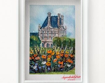 Louvre Autumn view small watercolor artwork | Louvre view from Tuileries  Paris original artwork