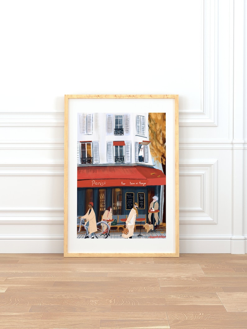 Paris Cafe Art Print: French Trench Coat Fashion Illustration image 1