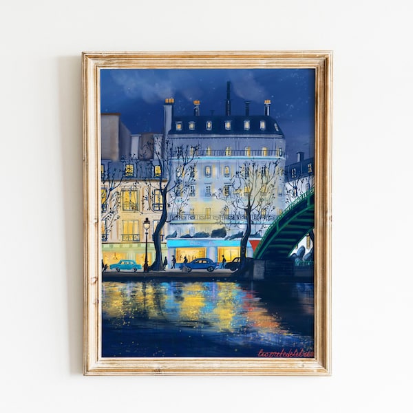 Dämmerung am Kanal Saint-Martin Kunstplakat |Romantische blaue Nacht Paris Kunst| Paris Brücke Kunst