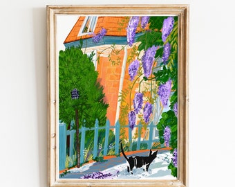 Purple wisteria  village scene |Parisian cat |Colorful Paris prints| Paris 20e |Wisteria Paris art
