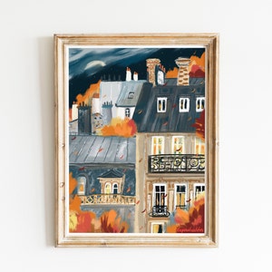 French architecture autumn posterParis buildings autumn wall printFall landscape artAutumn paintingParis city printBedroom decor image 1