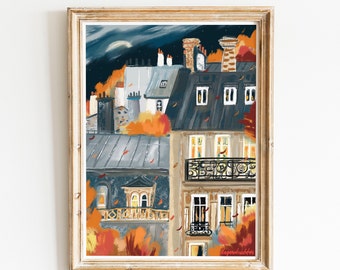 French architecture autumn poster|Paris buildings autumn wall print|Fall landscape art|Autumn painting|Paris city print|Bedroom decor