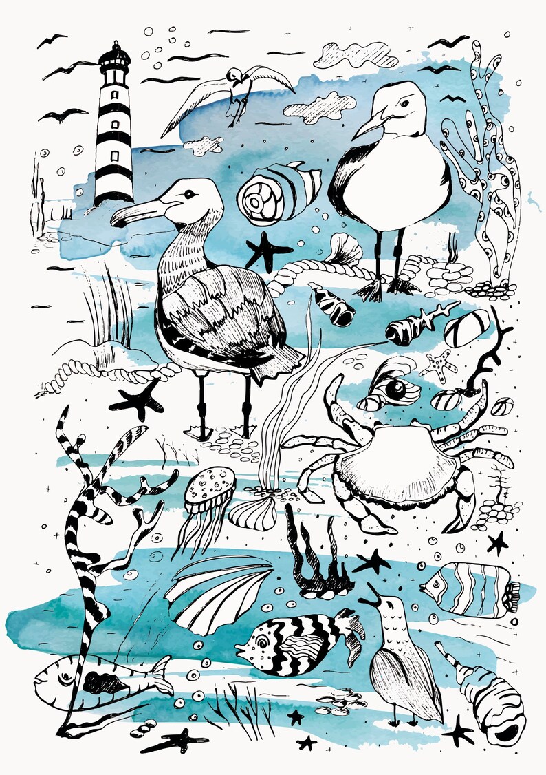 Printable Art Watercolor Ink Sea Life Print Set of 2 A5 | Etsy