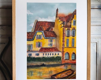 Colmar French city scene| Colmar Grand Est watercolor |Colmar watercolor painting |Yellow buildings art Colmar