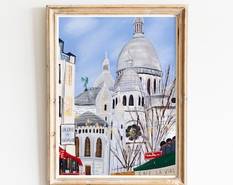 Impresión del Sagrado Corazón de París: Ilustración de Montmartre, papel de bellas artes