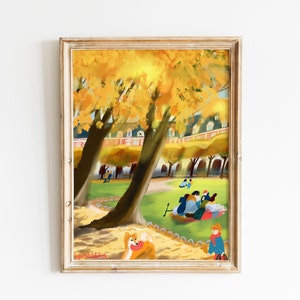 Póster de la escena de la vida de la Place de Vosges Paris, Arte mural de la Place de Vosges, Póster de otoño de París, Picnic de otoño en un parque parisino, Regalo de París