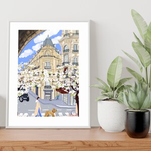 May include: A digital illustration of a Parisian street scene with a woman walking a dog. The buildings are yellow with white trim and there are trees with white blossoms. The sky is blue with white clouds.
