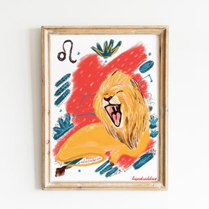 Znak zodiaku Lew wydruk artystyczny | Prezent urodzinowy dla Lwa | Plakat z horoskopem dla Lwa | Sztuka ścienna dla Lwa | Plakat ze znakiem zodiaku