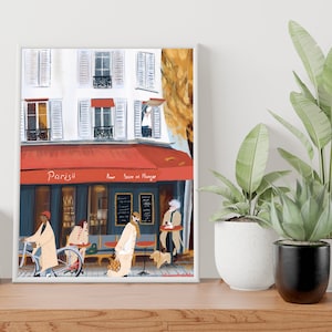 May include: A painting of a Parisian cafe with a red awning that says "Paris" and "Pour boire et manger". There are people sitting outside the cafe and a person riding a bicycle.