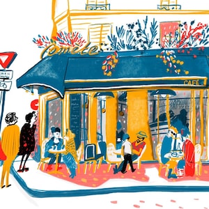 Puede incluir: Una ilustraci&oacute;n dibujada a mano de una cafeter&iacute;a llamada "Comete" con un toldo azul y paredes amarillas. La gente est&aacute; sentada afuera en mesas, disfrutando del caf&eacute; y la conversaci&oacute;n. La cafeter&iacute;a est&aacute; ubicada en una calle con una se&ntilde;al de tr&aacute;fico roja y blanca.
