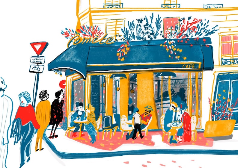 Puede incluir: Una ilustraci&oacute;n dibujada a mano de una cafeter&iacute;a llamada "Comete" con un toldo azul y paredes amarillas. La gente est&aacute; sentada afuera en mesas, disfrutando del caf&eacute; y la conversaci&oacute;n. La cafeter&iacute;a est&aacute; ubicada en una calle con una se&ntilde;al de tr&aacute;fico roja y blanca.