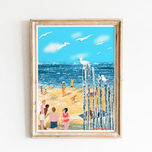 Playa de Saint-Malo, ilustración de Bretaña/impresión ilustrada de Francia/arte mural de Bretaña/póster de playa/impresión oceánica/gaviotas