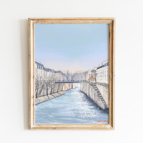 Seine river landscape art,  Parisian cityscape painting, travel poster