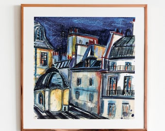Impresión de acuarela de París nocturno: boceto de luces de la ciudad