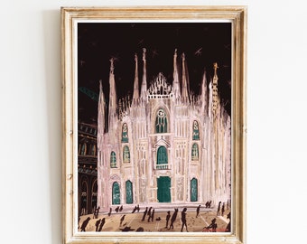 ミラノ大聖堂の水彩画：イタリアの大聖堂芸術、ゴシック建築 - Etsy 日本