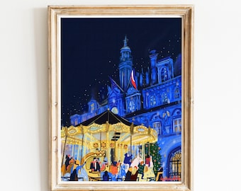 Paris Christmas carousel print|Hotel de Ville Christmas poster|Parisian Christmas wall art| Christmas Paris vacation poster