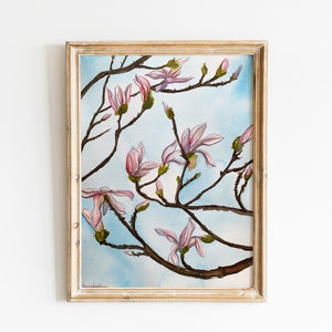 Pink magnolia branches original watercolor painting |Magnolia tree art |Minimalist Magnolia watercolor art