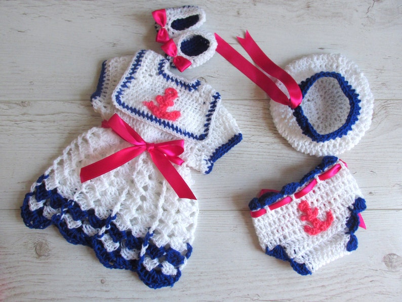 Crochet PATTERN sailor dress pattern, digital download, Diy sailor dress, sailor hat pattern, crochet baby sailor dress set 画像 3