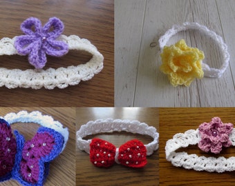 Easy Crochet headband patterns - 5 headbands and 3 flower , 1 bow , 1 butterfly patterns included