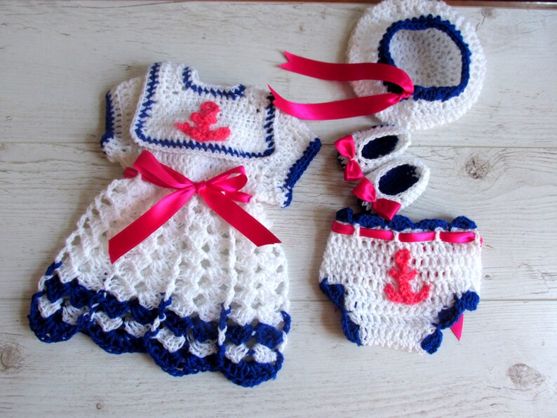 Crochet PATTERN sailor dress pattern, digital download, Diy sailor dress, sailor hat pattern, crochet baby sailor dress set 画像 2