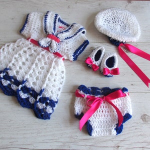 Crochet PATTERN sailor dress pattern, digital download, Diy sailor dress, sailor hat pattern, crochet baby sailor dress set