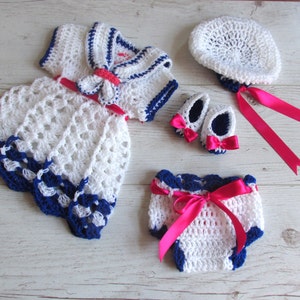 Crochet PATTERN sailor dress pattern, digital download, Diy sailor dress, sailor hat pattern, crochet baby sailor dress set 画像 1