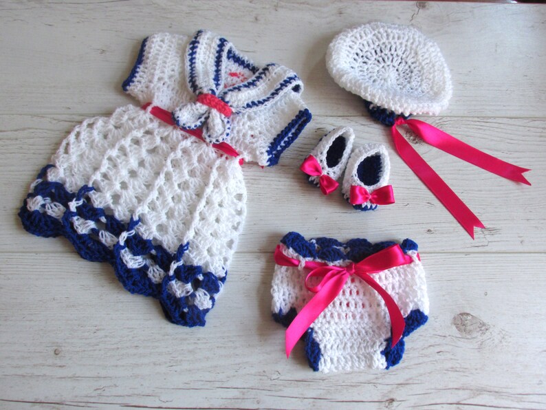 Crochet PATTERN sailor dress pattern, digital download, Diy sailor dress, sailor hat pattern, crochet baby sailor dress set 画像 1