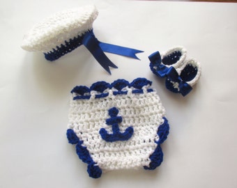 Crochet Sailor outfit - Newborn up to 12 months - Diaper Cover, hat and ballerina shoes ,Photo Prop