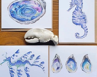 Nautical Stationery, Coastal Blank Cards - Set of 4 Cards, Nautical Art. Home Decor. Beach Art. Beach Print. Oyster Card. Seahorse Card.