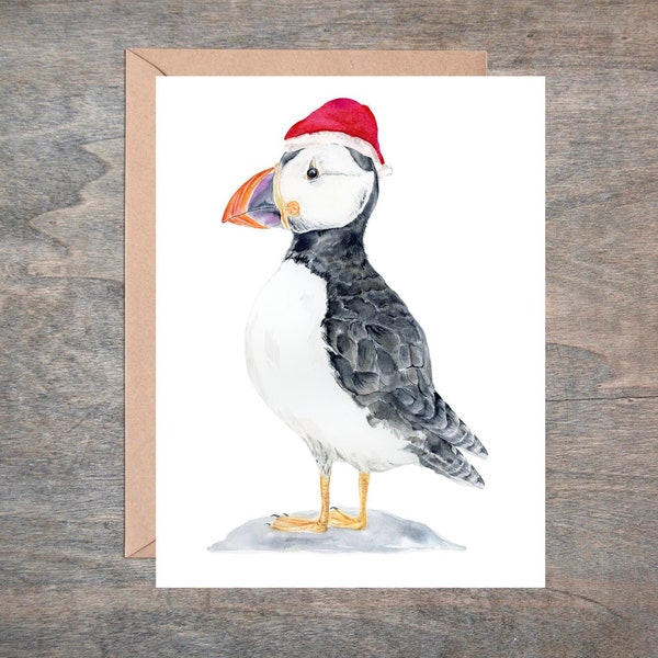 Puffin Tiny Hat Holiday Card, Christmas Card, Puffin Card, Single or Set of 6, Blank Inside