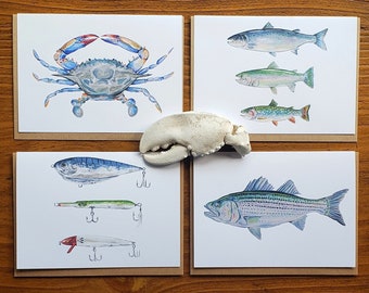 Nautical Stationery, Coastal Blank Cards - Set of 4 Cards, Nautical Art. Home Decor. Beach Art. Fishermen Art. Father's Day Card.