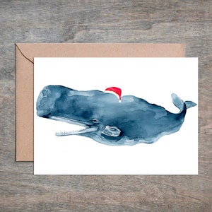 Tarjeta navideña con sombreros pequeños, tarjeta de ballena, individual o juego de 6, interior en blanco