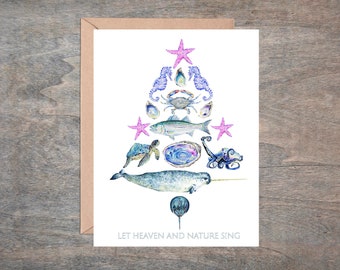 Single or Set of 6 Blank Christmas Cards, Nautical Card, Watercolor Greeting Card, Blank Holiday Cards