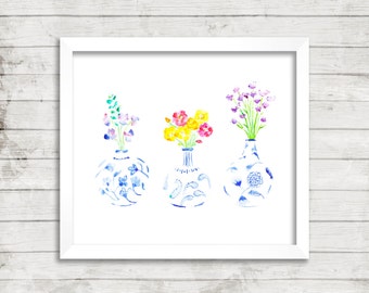 Ming Vase Print. Blue and White Art. Blue and White Print. Kitchen Art. Ming China Vase. Toile Print. Watercolor Art.