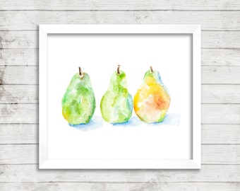 Three Pears in the Morning Sun - Giclée Print. Kitchen Art. Pear Watercolor. Fruit.