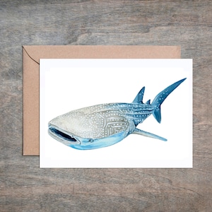 以下が含まれることがあります： 白い背景に青と白の模様のついたジンベエザメの水彩画です。